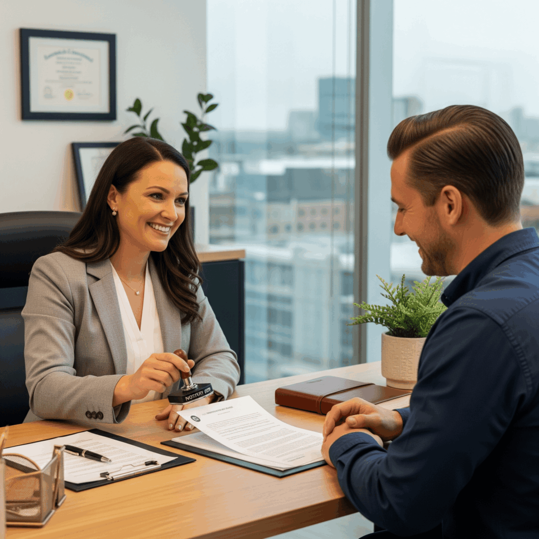 A professional notary public and a client smiling as they complete a notarization process at a modern desk.