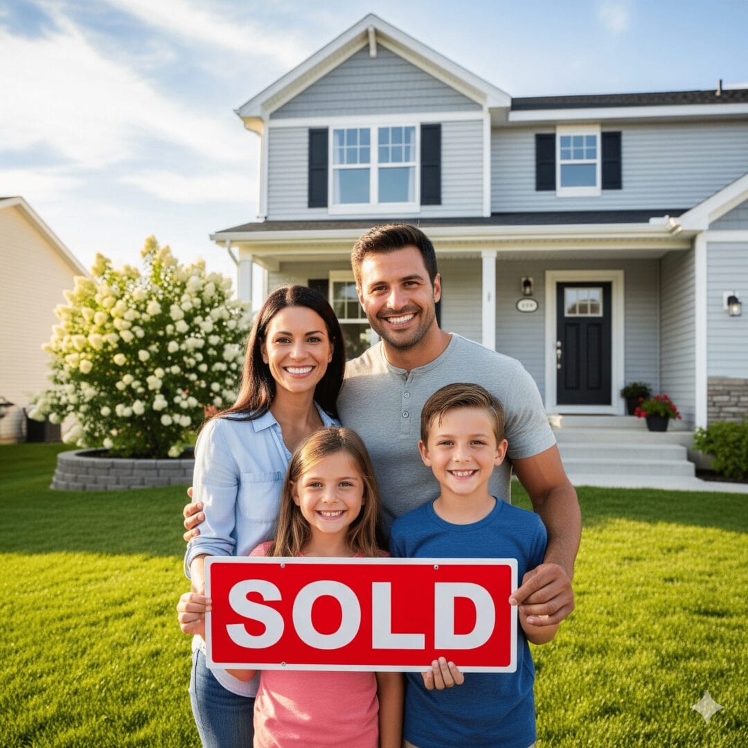 A smiling family of four stands in front of a new two-story house, holding a red &quot;SOLD&quot; sign, conveying happiness and excitement about their new home.
